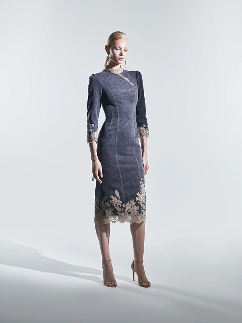 Платье-миди из серого денима с кружевом, 2