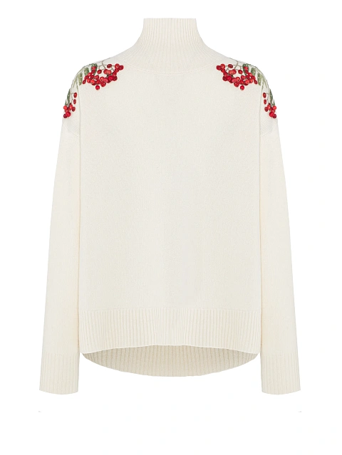 Белый кашемировый свитер с вышивкой в виде рябины, 1 Белый кашемировый свитер с вышивкой в виде рябины, 1