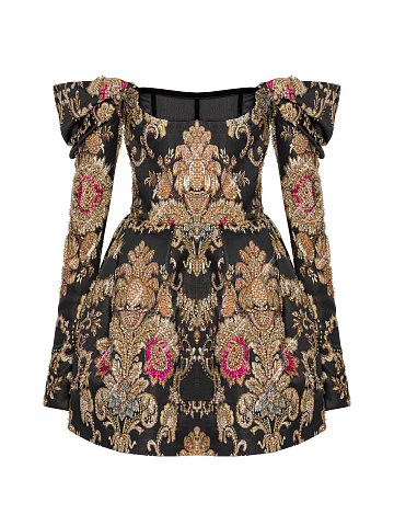 Черное платье-мини из парчи с золотым узором и пайетками, 1