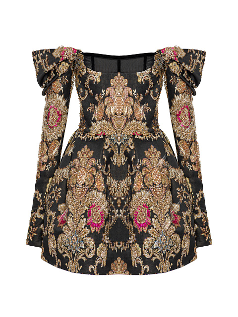 Черное платье-мини из парчи с золотым узором и пайетками, 1