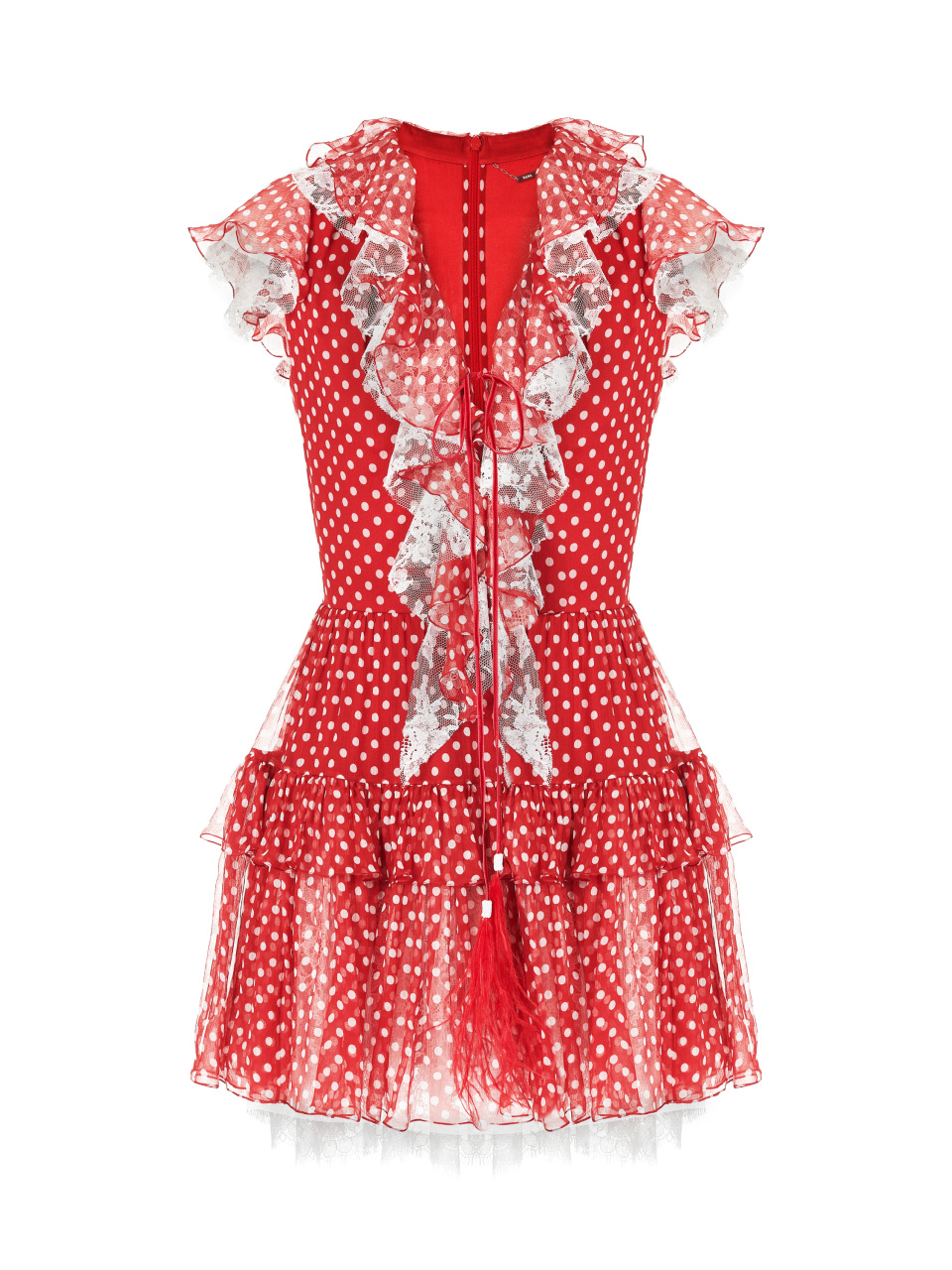 Красное платье-мини в белый горошек, 1