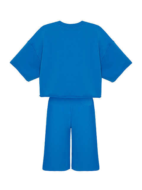 Синий костюм с бермудами и белой вышивкой, 2