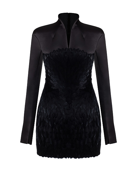 Черное шелковое платье-мини с перьями, 1