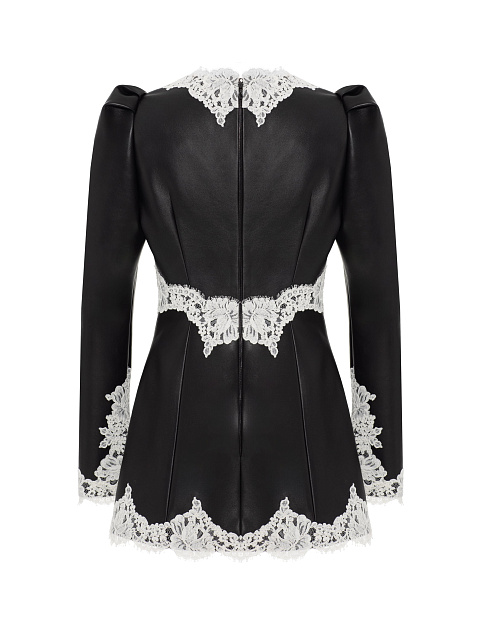 Черное платье-мини из кожи с белым кружевом, 2