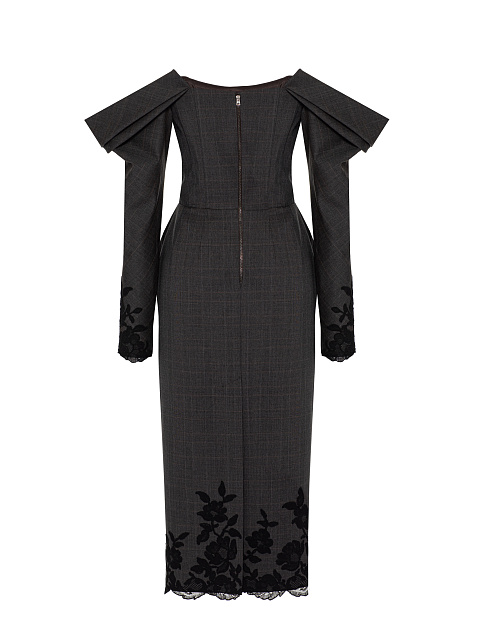 Темно-серое платье-миди из шерсти с кружевом, 2