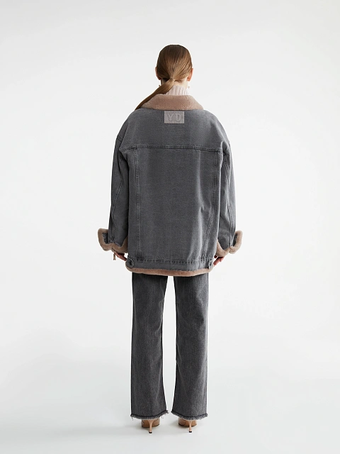 Серая джинсовая куртка с коричневым подкладом из овчины, 5