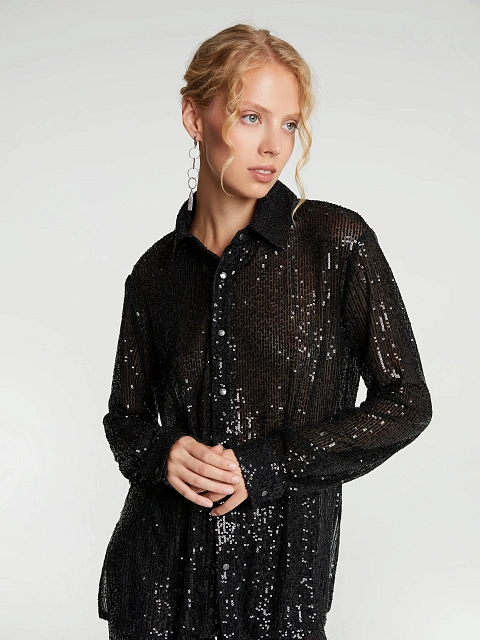 Черный костюм из рубашки и брюк в пайетках, 6