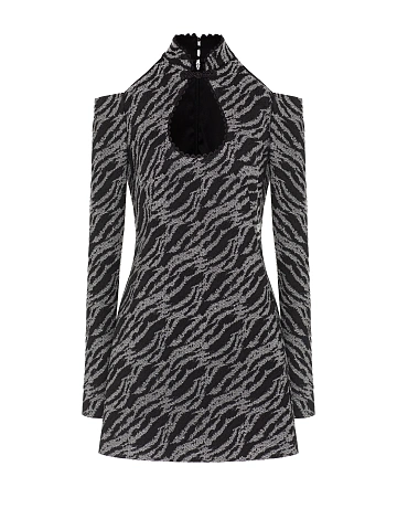 Черное платье-мини из жаккарда с открытыми плечами, 1