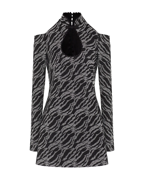 Черное платье-мини из жаккарда с открытыми плечами, 1