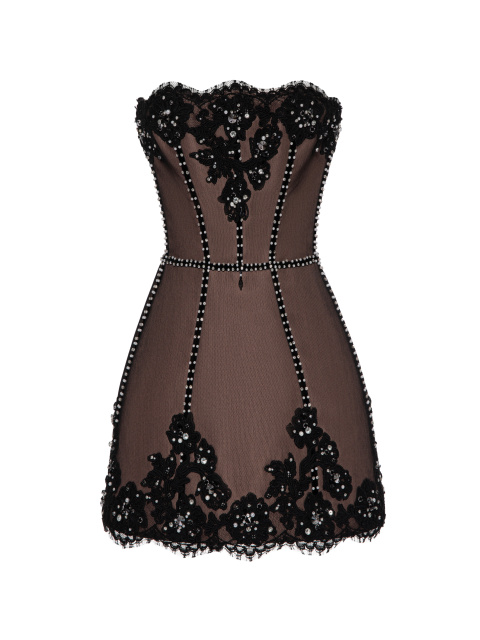 Черное платье-мини из сетки с кружевом, жемчугом и стразами, 1