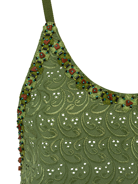 Зеленое платье-мини из хлопка с бисером, 3