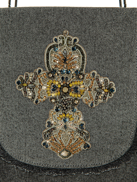 Серая сумка из денима с бахромой и крестом из кристаллов, 3