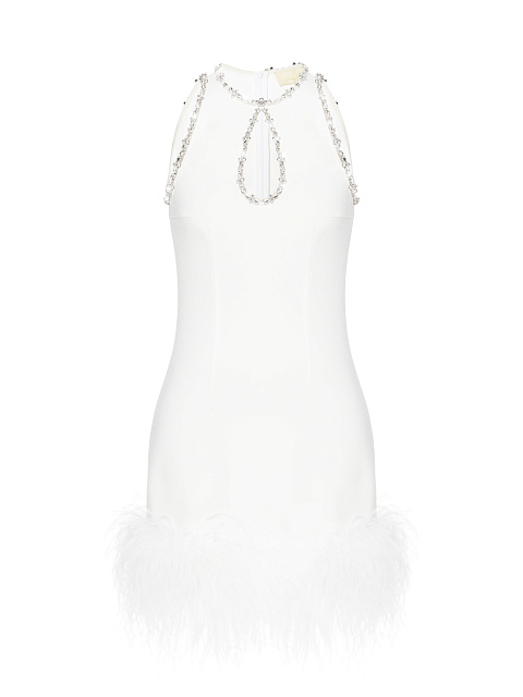 Белое платье-мини с вырезом-каплей и боа, 1