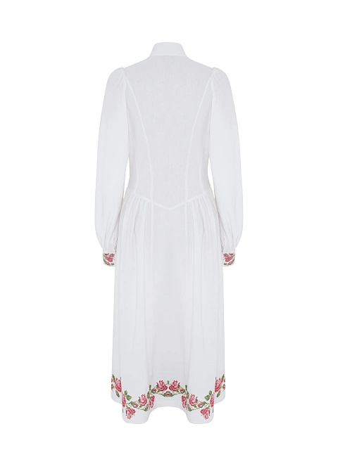 Белое платье-миди из льна с цветочной вышивкой, 2
