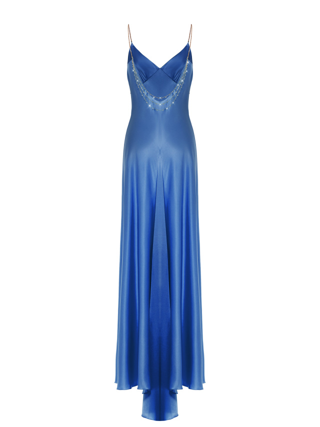 Синее платье-макси из шелка с фианитами, 2