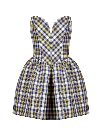Хлопковое платье-мини в сине-желтую клетку, 1
