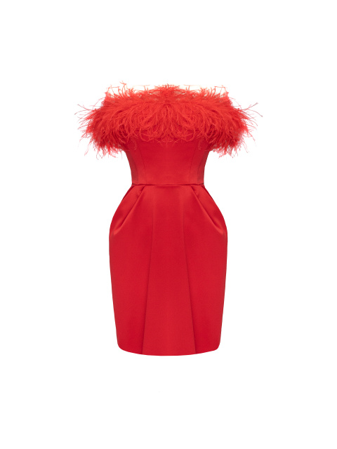 Красное платье-мини с боа из перьев, 1