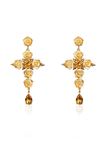 Серьги в виде крестов из желтого золота с резным перламутром и цитринами, 1