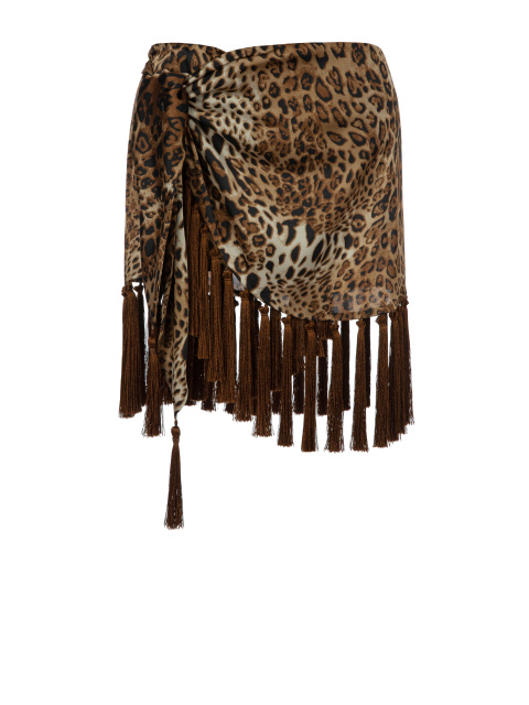 Леопардовая юбка-мини из шелка с бахромой, 1