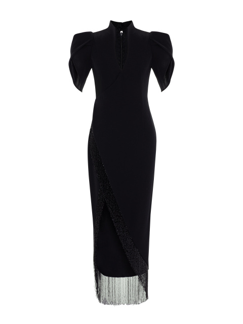 Черное платье-макси из шелка с бахромой из бисера, 1