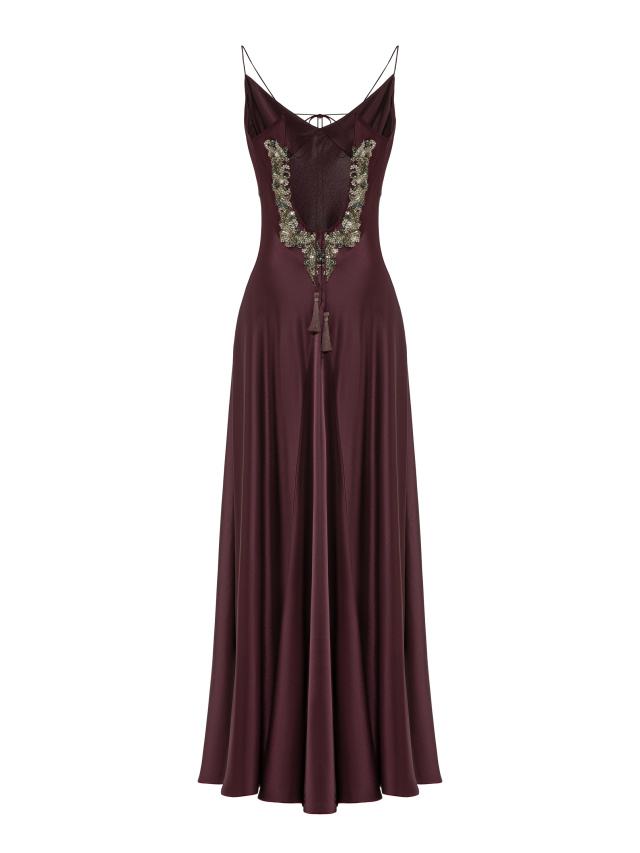 Фиолетовое платье-макси из шелка с вышивкой и стразами, 2