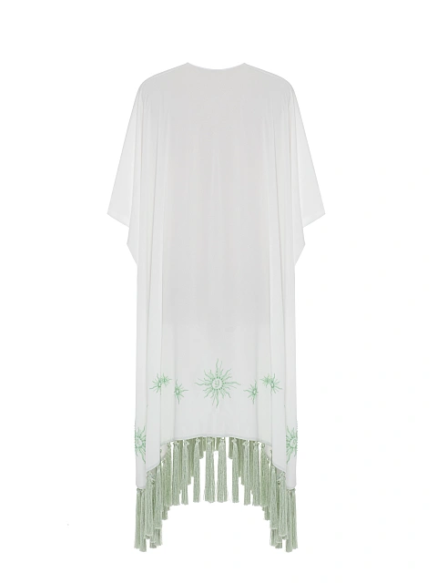 Белая туника из шифона с зеленой вышивкой и бахромой, 2 Белая туника из шифона с зеленой вышивкой и бахромой, 2