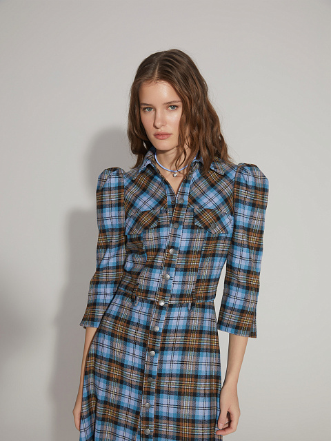 Коричнево-голубое шерстяное платье-миди в клетку, 7