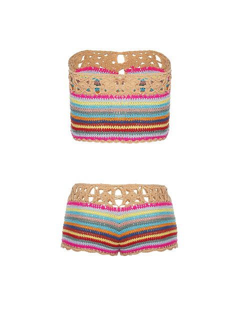 Бежевый комплект из топа и шорт в технике кроше, 3