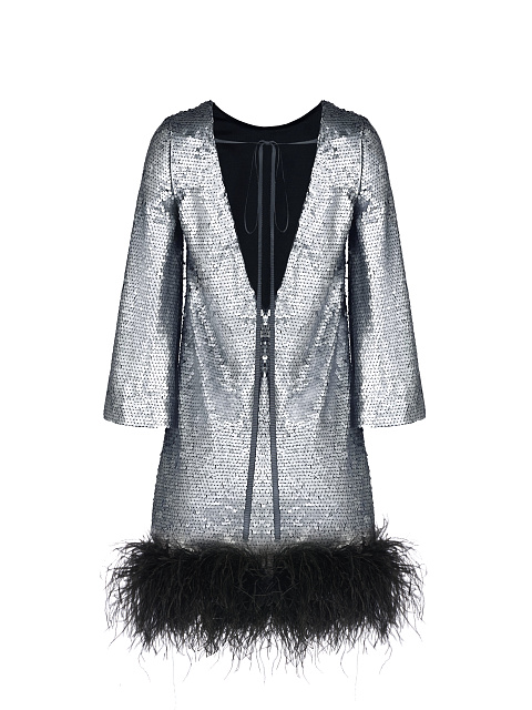 Серебристое платье-мини в пайетках с черным боа, 2