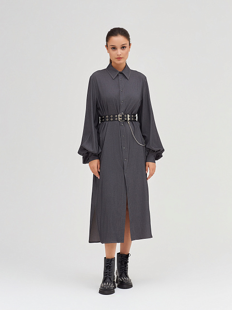 Черное хлопковое платье-рубашка с объемными рукавами, 6