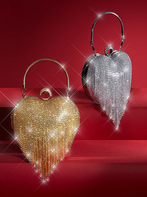 Золотистая сумка в виде сердца с бахромой из страз, 7