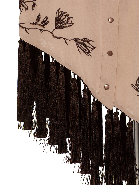 Бежевое платье-мини из шифона с вышивкой и бахромой, 4