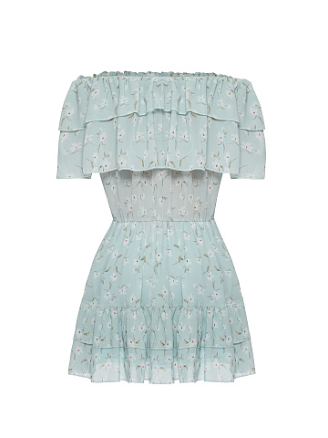 Светло-голубое шифоновое платье-мини с открытыми плечами, 2