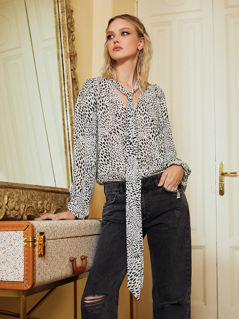 Черно-белая шифоновая блузка с леопардовым принтом, 9