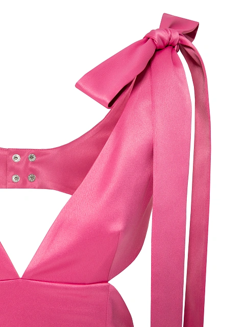 Розовое платье-макси из атласа с вырезами и шлейфом, 4