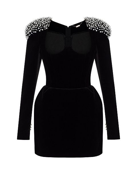 Черное платье-мини из бархата с жемчугом и стразами, 1