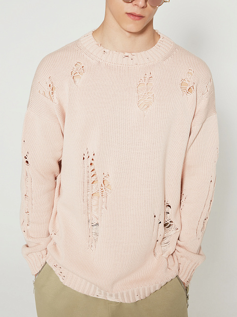 Пудрово-розовый хлопковый свитер с дырками, 4