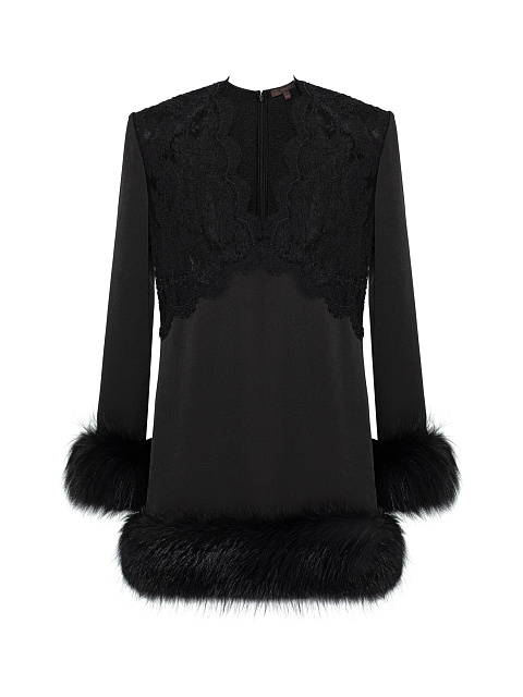 Черное платье-мини с кружевом и мехом, 1