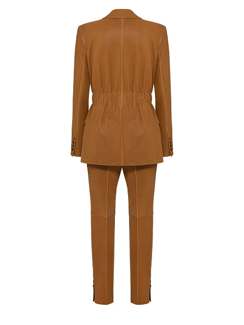 Коричневый кожаный костюм-двойка из приталенного жакета и брюк со стрелками, 2