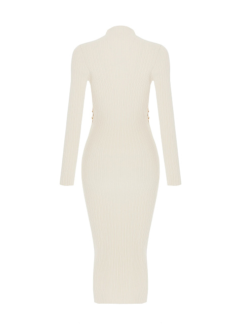 Бежевое вязаное платье-миди с вырезами по бокам, 2