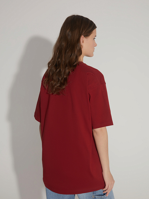 Бордовая футболка из хлопка с вышивкой и стразами, 6