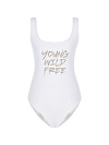 Купальник на лямках из белого бифлекса, термоаппликация Young wild free золото Купальник на лямках из белого бифлекса, термоаппликация Young wild free золото