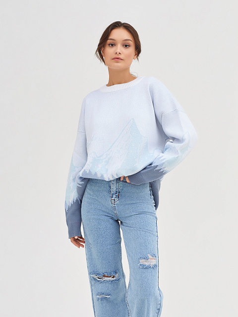 Бело-голубой свитер с рисунком в виде гор, 6