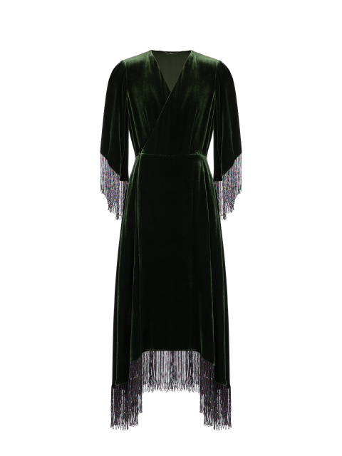 Темно-зеленое бархатное платье-миди с бахромой, 1