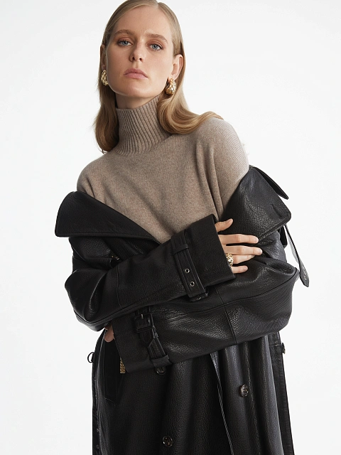 Черный двубортный тренч из фактурной кожи, 12