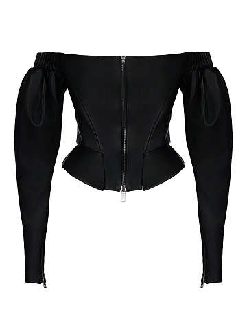 Черный кожаный топ с открытыми плечами, 2