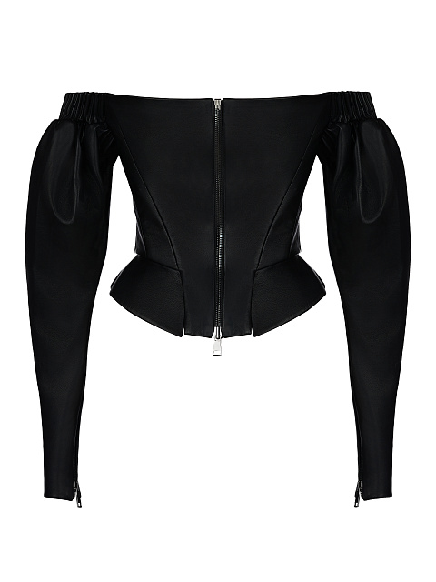 Черный кожаный топ с открытыми плечами, 2