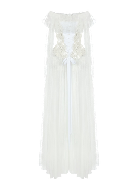 Белое платье-макси с кружевным корсетом, 1