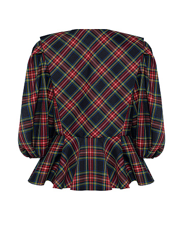 Укороченный жакет в красно-синюю клетку с объемными рукавами, 2