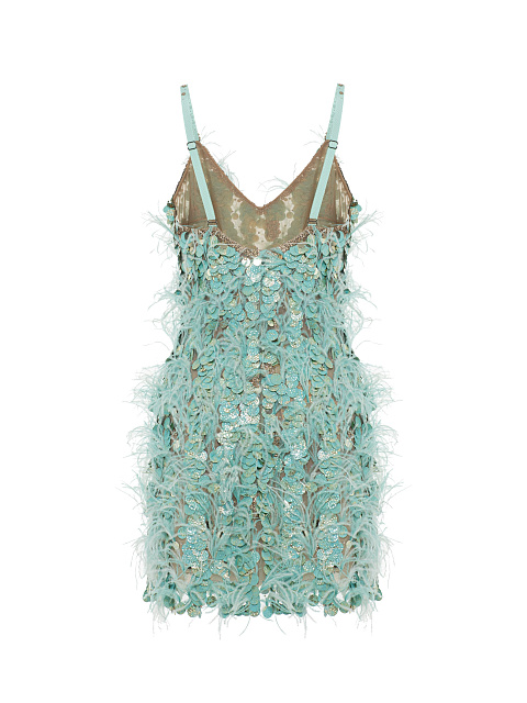 Мятное платье-мини в крупных пайетках и с перьями, 2